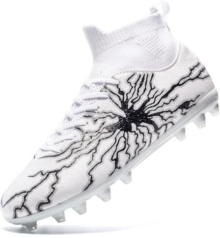 HRJR Kids Soccer Cleats Boys Girls Training Football Cleats Youth High-top Soccer Shoes for Little/Big Professional Athletic Outdoor Football Shoes White 4 Big Kid