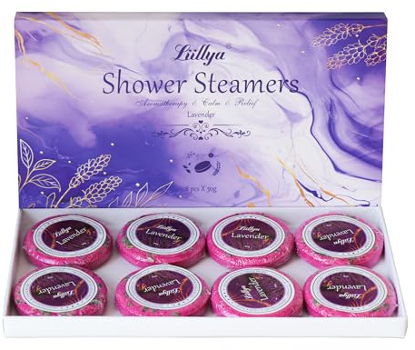 Liillya Confezione da 8 bombe da doccia per aromaterapia, con olio essenziale naturale, pastiglie per doccia a vapore per casa, spa, sollievo dallo stress, cura di sé, rilassamento, regalo di