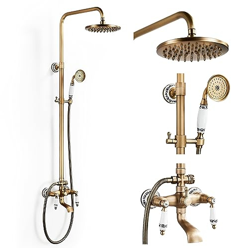 Colonna Doccia Retro Ottone Sistema Doccia con Rubinetto, Set completo Doccia in Antico Ceramica con Soffione Doccia a Pioggia da 8, Doccetta, Rubinetto per Vasca, Altezza Regolabile 70-120 cm