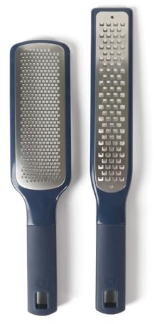 Calphalon Prime Grater and Zester, 2-Piece Stainless Steel Cheese Grater & Lemon Zester Set, Kitchen Graters with Non-Slip Rubber Handles & Protective Covers for Cheese & Vegetables, Navy Blue