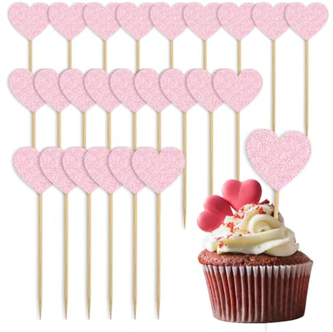 Decorazioni per Cupcake a Forma di Cuore 24 PcsToppers Cupcake cuore Glitter,Torte Toppers Cupcake Toppers glitter Cuore d'amore,Toppers Decorati Con Torta per San Valentino,Matrimoni (Rosa)