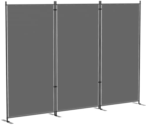 Outsunny Paravent de Jardin 3 Volets Brise-Vue Extérieur - Séparateur de Pièce Occultant 260x180cm avec Pieds en Métal Stable - Cloison Amovible Protection UV pour Balcon Terrasse, Gris Foncé