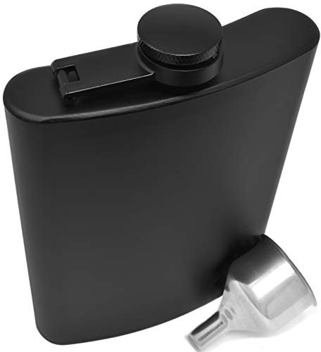 Fiaschetta per liquori da 236 ml, in acciaio inox, nero opaco, cerniera a prova di perdite, con grande imbuto, in scatola nera di alta qualità, per uomini e donne IDALIO