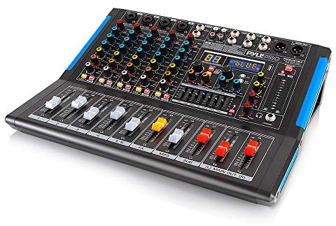 Pyle 6-Channel Console Style Audio Mixer with Bluetooth - DJ Sound Controller, 4 XLR / Combo Inputs, Sub Out, +48V Phantom, USB-A In, 16 DSP Effects, MP3 Player, 7-Band EQ - PMXU67BT