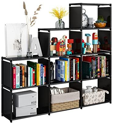 JIUYOTREE 9 Cube Bookcase Under Stairs Storage Unit Multi-Use Cube Storage Organiser for Living Room, Books, Toys, Clothes, Tools, Black