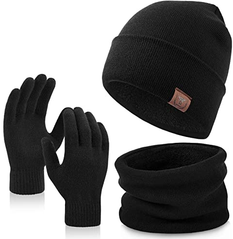 OZERO Mens 3 Piece Winter Hat Scarf Gloves Set, Warm Fleece Lined Beanie, Snood Neck Warmer and Touchscreen Gloves for Work Commute, Dog Walking, Travel Gifts