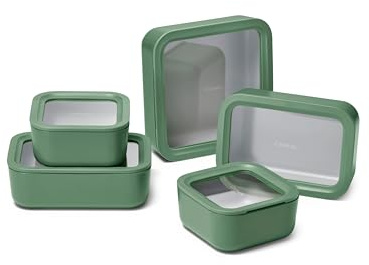 Caraway Glass Food Storage Set, 14 Pieces - Ceramic Coated Food Containers - Easy to Store, Non Toxic Lunch Box Containers with Glass Lids - Includes Storage Organizer & Dot & Dash Inserts - Sage