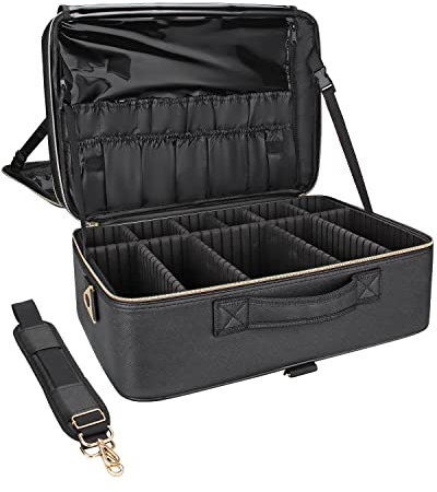 Relavel Extra Große Makeup Tasche Leder Reise Makeup Zug Tasche Professionelle Makeup Künstler-Tasche Tragbare Nagel-Organizer Box Kosmetikkoffer mit Verstellbaren Trennwänden Befestigung am Trolley