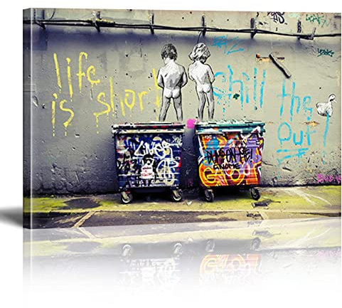 Chenbing Art Banksy Wandbild 'Life Is Short' XXL Leinwand-Kunst Graffiti Street Art Print Modern Wanddekoration für Wohnzimmer, Schlafzimmer, Esszimmer, Büro, Bad mit Rahmen (70x150cm) 27.6x59.1 Zoll