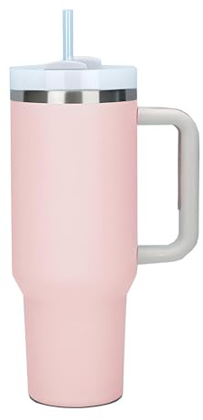 Moollyfox Isolerad mugg i rostfritt stål med dubbla väggar och handtag, vakuum, kaffemugg, 1200 ml (40 fl oz), bärbar resemugg, bilmugg, termosmugg med sugrör och lock, rosa