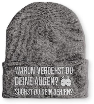 tshirtladen Warum verdrehst du Deine Augen Mütze Beanie Spruchmütze Strickmütze Wintermütze, Farbe: Grau