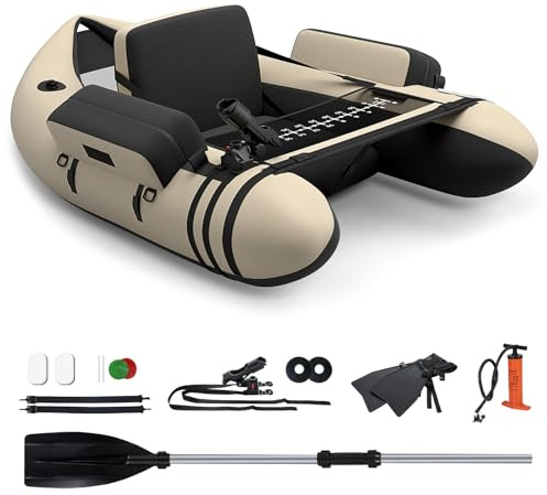 GYMAX Barco de pesca inflable, portátil, incluye bomba, remo y correas de hombro ajustables, barco de pesca con regla de pesca, bote inflable de hasta 150 kg (beige)