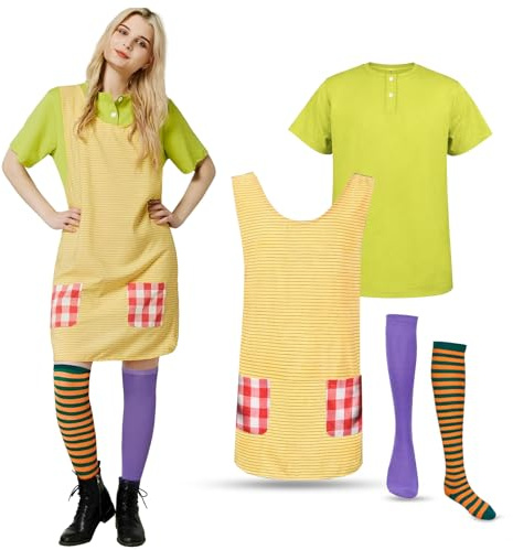 JONRRYIN Freches Mädchen in Strümpfen, Bunte Strümpfe, Faschingskostüm für Kinder Mädchen ab 6 Jahre, Karneval Abenteuer-Stil Kleid, Cosplay