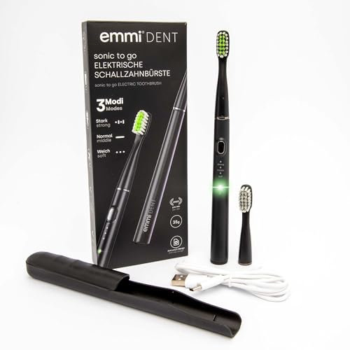 Emmi-dent Sonic to Go – brosse à dents électrique sonique sans fil, batterie jusqu’à 25 jours, 3 modes de brossage, 20 000 vibrations/min, avec étui, dentifrice et 2 têtes de rechange.