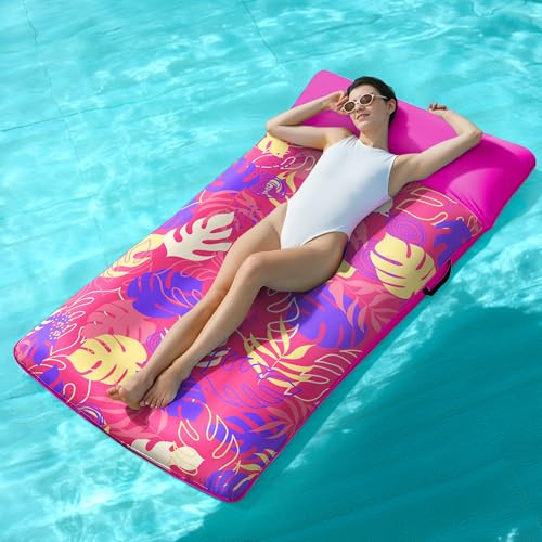 Sloosh Inflatable Pool Floats Raft - XL Fabric Covered Pool Mat Lounger Floaties for Adults, Ultra Comfort Inflatable Water Float with Headrest for Beach Lake Swimming Pool Floating 68X34 (Pink)