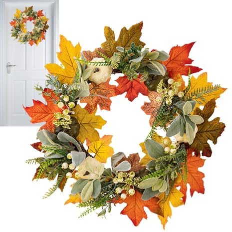 Couronne d'automne de Thanksgiving avec feuilles d'érable - Couronne de fleurs de 45 cm pour porte d'entrée, couronne d'automne pour la maison, couronne de baies d'automne, couronne de récolte pour la