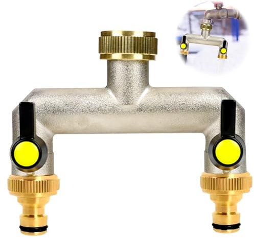 Robinet 2 Voies en Laiton avec 3/4 Pouce Adaptateur, Robinet Double Sortie avec Vannes à Bille Séparées, 3/4 Pouce (26.5mm) Adaptateur Tuyau Arrosage pour Régler et Arrêter Le Débit d'eau