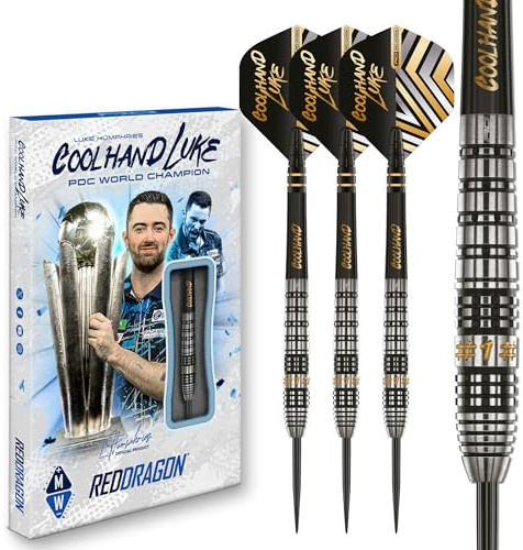 RED DRAGON Darts – Professional Player – Luke Humphries Coolhand Prestige 22g - 90% Tungsten Steel tip Darts Set with Dart Flights and Dart Shafts (Stems)