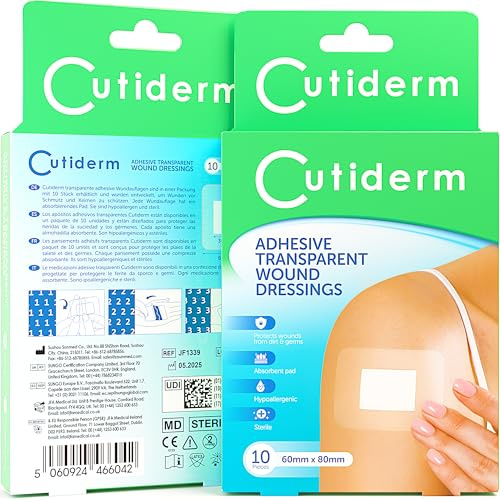 Cutiderm Adhesive Transparent Waterproof Wound Dressings 60mm x 80mm - Pack of 10 Dressings, Plasters