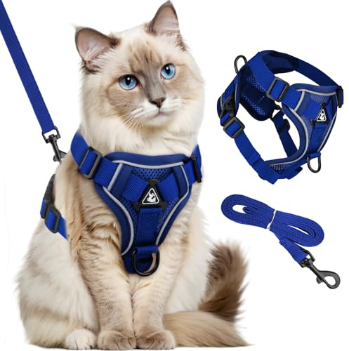 GlasFlength Pettorina per gatti con guinzaglio, antieruzione, guinzaglio per gatti con imbracatura regolabile set di stoviglie morbide per gatt i con strisce riflettenti (Blu scuro M)