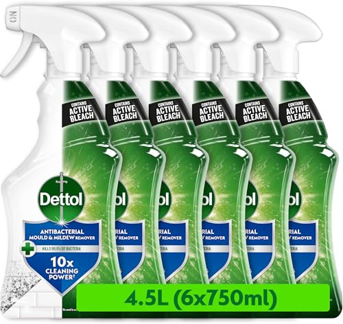 Dettol, Mould Remover, 4.5L (750ml x6) Bathroom Cleaner, Contains Bleach, Limescale Remover, Antibacterial Spray, Disinfectant, Combats Mildew, No Scrubbing needed