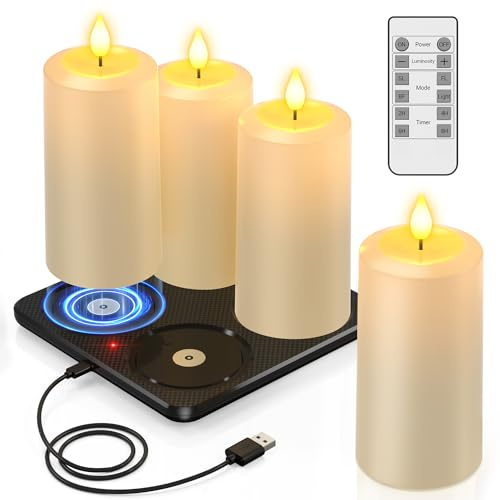 PChero Set di 4 candele a LED ricaricabili con stazione di ricarica, ricaricabili per esterni, impermeabili, con telecomando e funzione timer, per esterni, giardino, Halloween, Natale