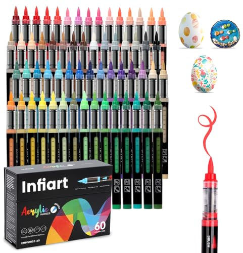 Infiart 60 Colours Acrylic Paint Markers Brush Tip, Automatic Ink Control Acrylic Paint Pens Waterproof Acrylic Markers Set for Holiday Decorations, Fabric, Rock, Wood, Glass, Eggs, Canvas, Ceramic