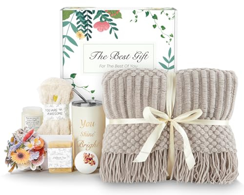Birthday Gifts for Women,Self Care Gift Baskets for Her,with Knitted Blanket Gift Box Set Get Well Soon Gift for Friends,Mum,Wife, Daughter,Girls, Sister,Coworker