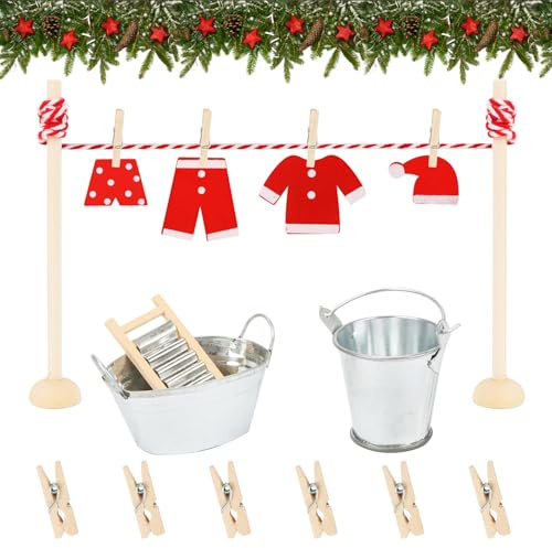 Yooyan 16 stycken tomte torkställningsset, tillbehör jul, träkläder och klämmor, hink, rivjärn, klämmor, tvätthink, miniatyr tomtedörr tillbehör, jul för barn tomte dekoration