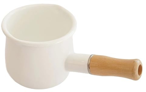 JWTIFOA Enamel Milk Pot 17oz Butter Warmer Small Sauce Pan with Spouts Butter Melting Pot, Wooden Handle, White