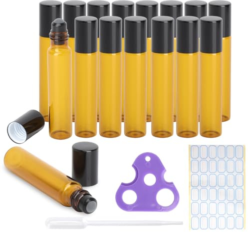 FIUTEKO 16 stycken rulle on flaska tom 10 ml set, brunt glas roller flaska med öppnare droppare klistermärken återfyllningsbara glasflaskor läckagesäker för eteriska oljor parfym läppglans