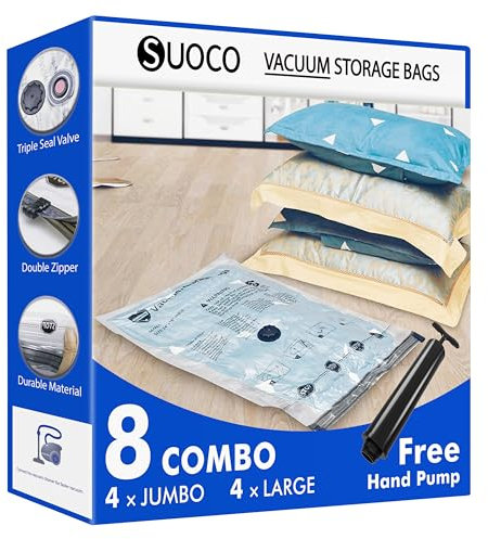 SUOCO Vakuumbeutel für Kleidung – 4er Set J und 4er Set L (mit Handpumpe), Vakuumbeutel für Kleidung und Bettdecken, platzsparende Vakuumierbeutel für Reisen