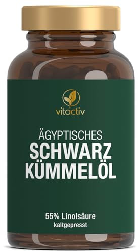 VITACTIV Ägyptisches Schwarzkümmel Öl Kapseln - schonend kaltgepresst - mit Folsäure, Vitamin E und Biotin – gut für Blutzuckerspiegel und Blutbildung - 90 Softgel-Kapseln