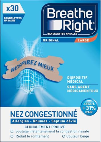 Breathe Right Original Nasenband – Large – Schlaf – hilft Schnarchen zu reduzieren – Erkältung, Allergien, Sport, hilft Ihnen besser zu atmen – Hautfarbe, 30 Stück