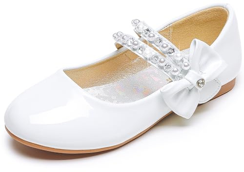 Parrosoo Little Girls White Dress Shoes Flower Girls Shoes Toddler Girls Flats Low Heel Princess Fancy Kids Shoes Church First Communion Shoes Birthday Easter Wedding (8102White 11)