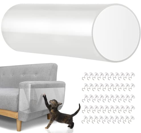 Lewondr Protezione Graffi Gatto 40 * 300 cm, Nastro di Pellicola Adesiva con 50 Perni in Donazione, Tappetino in Pellicola di PVC AntiGraffio, Protezione dai Graffi di Gatti, Trasparente