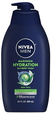 Nivea Men Maximum Hydration Body Wash for Dry Skin, Aloe Vera Enriched, 3-in-1 Moisturizing Body Wash, Face and Hair, Paraben Free, Vegan Formula, 30 Fl Oz Bottle