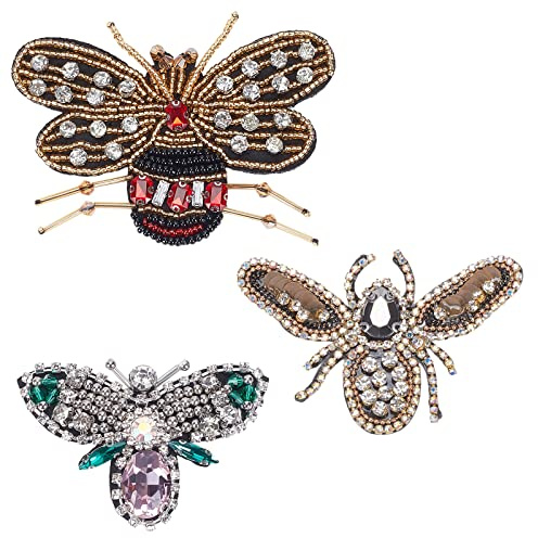 WEBEEDY 3 toppe fatte a mano con perline di strass da cucire su cristallo ape farfalla libellula appliques decorativo distintivo accessori da cucito per vestiti, borse, scarpe