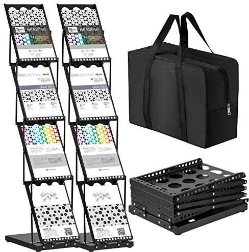 Tatuo 2 Pieces Foldable Magazine Rack Metal Catalog Literature Rack Portable 4 Pockets with Carrying Bag Brochure Stand Literature Display Holder Stand for Exhibition Trade Show