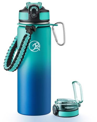 GOSWAG Insulated Sports Water Bottle, 24oz 2 Lids(with Straw/No Straw), Stainless Steel Water Bottles with Paracord Handle, Insulated Bottle with Double-Wall Vacuum Insulation