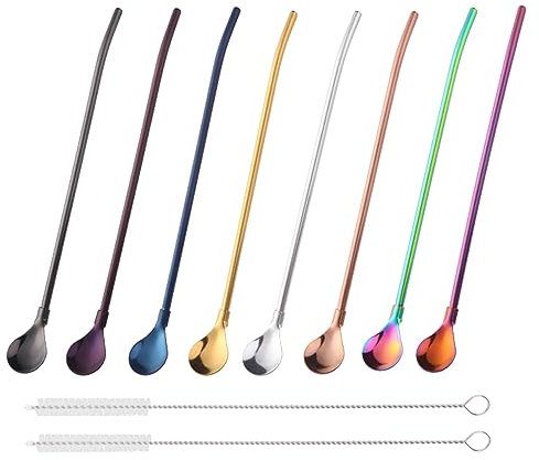 SBOMHS Cucchiaio riutilizzabile in acciaio inox 18/8, 8 cucchiaini con 2 spazzole, per cocktail, latte macchiato, 21,5 cm (8 colori)