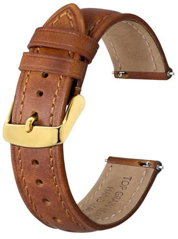 BISONSTRAP Retro Leather Watch Straps for Men, Oil Waxed Calfskin Replacement Band, Quick Release, 19mm, Toffee Brown (Gold Buckle)