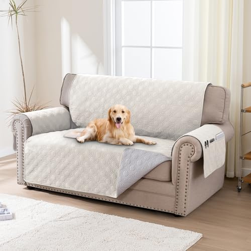 BellaHills Funda Sofa 2 plazas,100% Funda Sofá Impermeable,Fundas Sofa Antipelos Mascotas,con Correas Elásticas,Beige