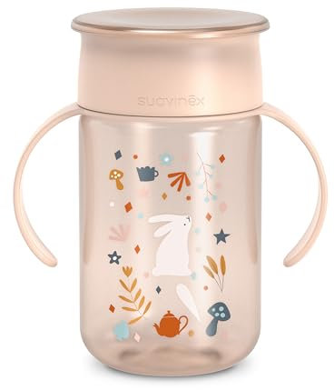 Suavinex, Tasse Apprentissage pour Bébé, avec Disque Anti-Fuite, Magic Cup Rebord Antifuite 360°, Anses Amovibles, Couvercle Hygiénique, Compatible Lave-Vaisselle, 340 ml, +12 Mois, Wonderland, Rose
