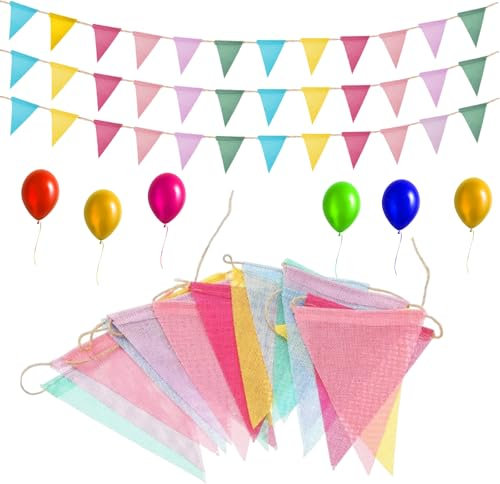 5 Stück Wimpelkette Outdoor mit 60 Flaggen, 4m/13ft Leinenimitat Wimpelkette mit Ballon, Wetterfest Wimpelkette Stoff Wimpel Girlande Deko, Regenbogen Wimpelkette Banner für Geburtstag Party