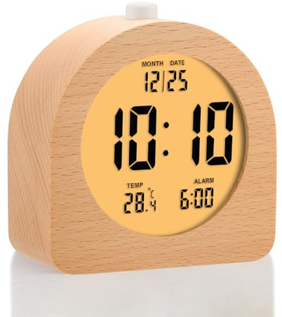 Plumeet Réveil numérique en bois de 10 cm - Réveil à piles avec répétition et veilleuse - Horloge de table électronique LCD avec heure, date, température, affichage 12/24 heures - Décoration en bois