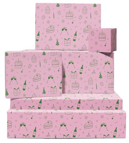 Papel de regalo rosa y verde para mujer - 6 hojas de papel de regalo femenino para ella - Garabatos de cumpleaños - Papel de regalo para mejor amiga - Viene con pegatinas - Por Central 23