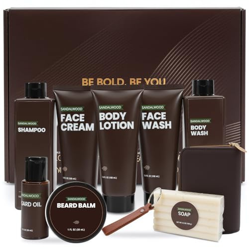 BODY & EARTH Geschenke für Männer - Sandelholz Herren Pflege Geschenkset, 10-teiliges Pflegeset mit Bartöl, Balsam, Shampoo & Accessoires, Geburtstagsgeschenk für Männer, Valentinstagsgeschenke
