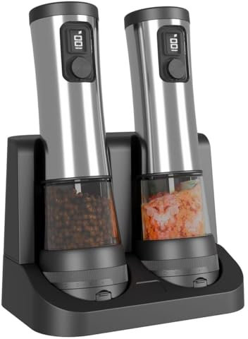 MINENICE Ensemble de moulins à sel et à poivre électriques, moulins à poivre et à sel automatiques en acier inoxydable avec réglage de la finesse, voyant de charge, grande capacité de 3,4 oz