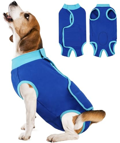 Kuoser Dog Surgery Recovery Suit Female Male, Breathable Cone Alternative, Cotton Bodysuit Spay Neuter Wound Care Anti Lick Comfortable Postoperative Clothing, Blue M